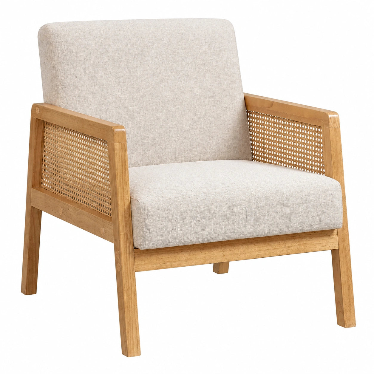 Fauteuil, rembourré, en résine tressée et tissu, coloris beige, pour le salon ou la chambre